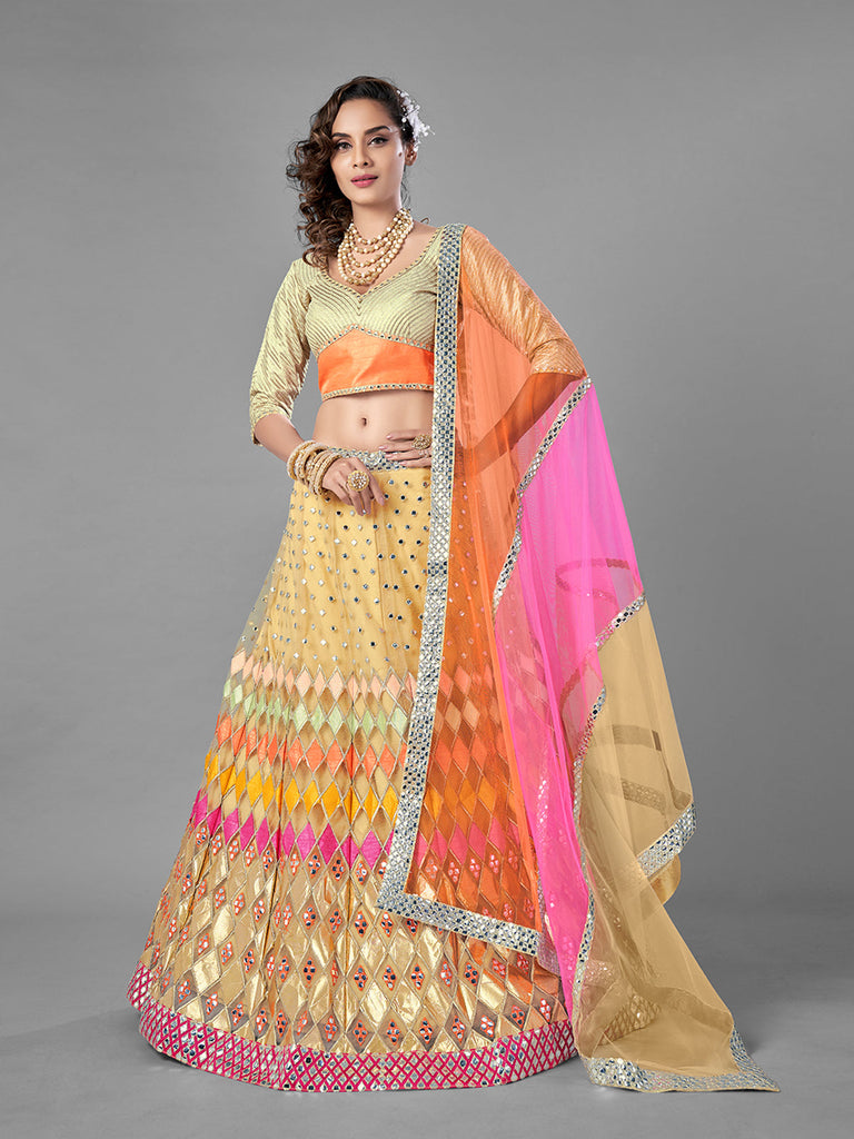 Beige Embroidered Soft Net Semi Stitched Lehenga With Unstitched Blouse Clothsvilla