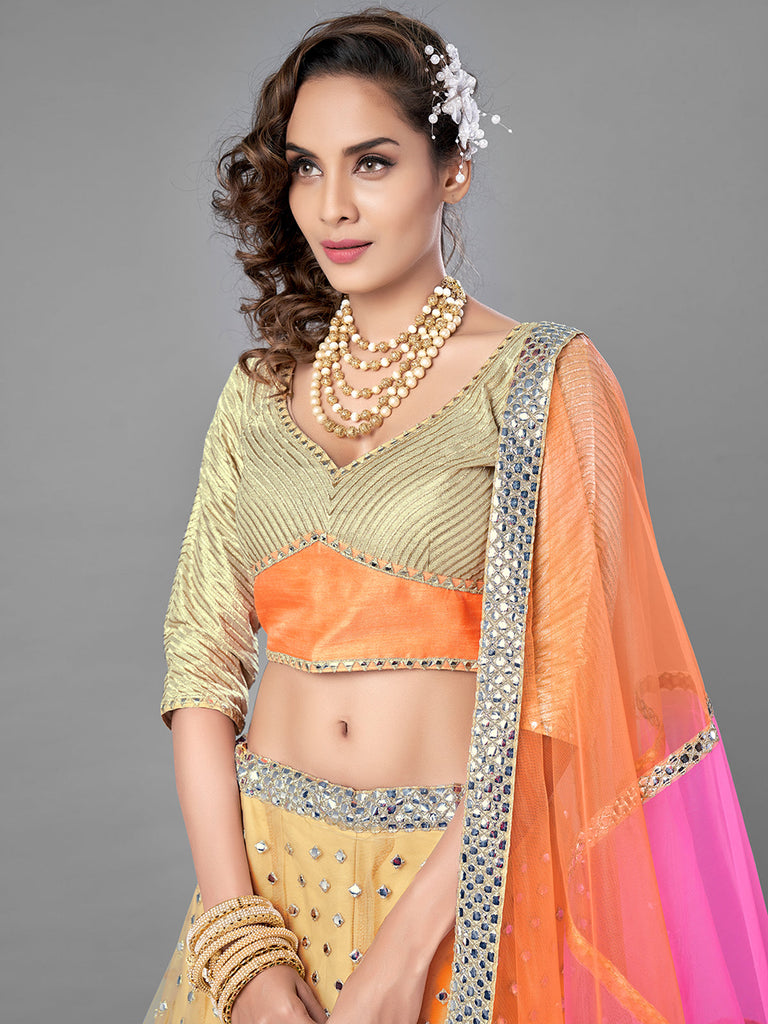 Beige Embroidered Soft Net Semi Stitched Lehenga With Unstitched Blouse Clothsvilla