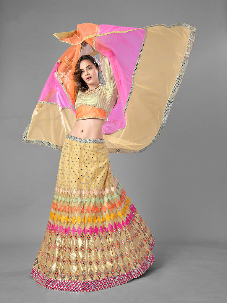 Beige Embroidered Soft Net Semi Stitched Lehenga With Unstitched Blouse Clothsvilla