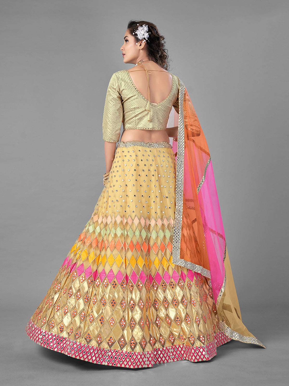 Beige Embroidered Soft Net Semi Stitched Lehenga With Unstitched Blouse Clothsvilla