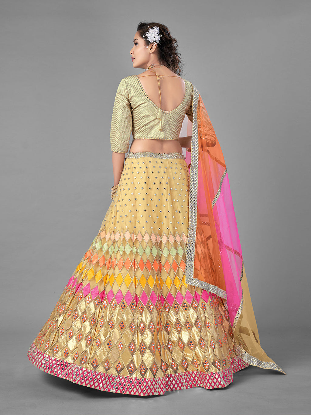 Beige Embroidered Soft Net Semi Stitched Lehenga With Unstitched Blouse Clothsvilla