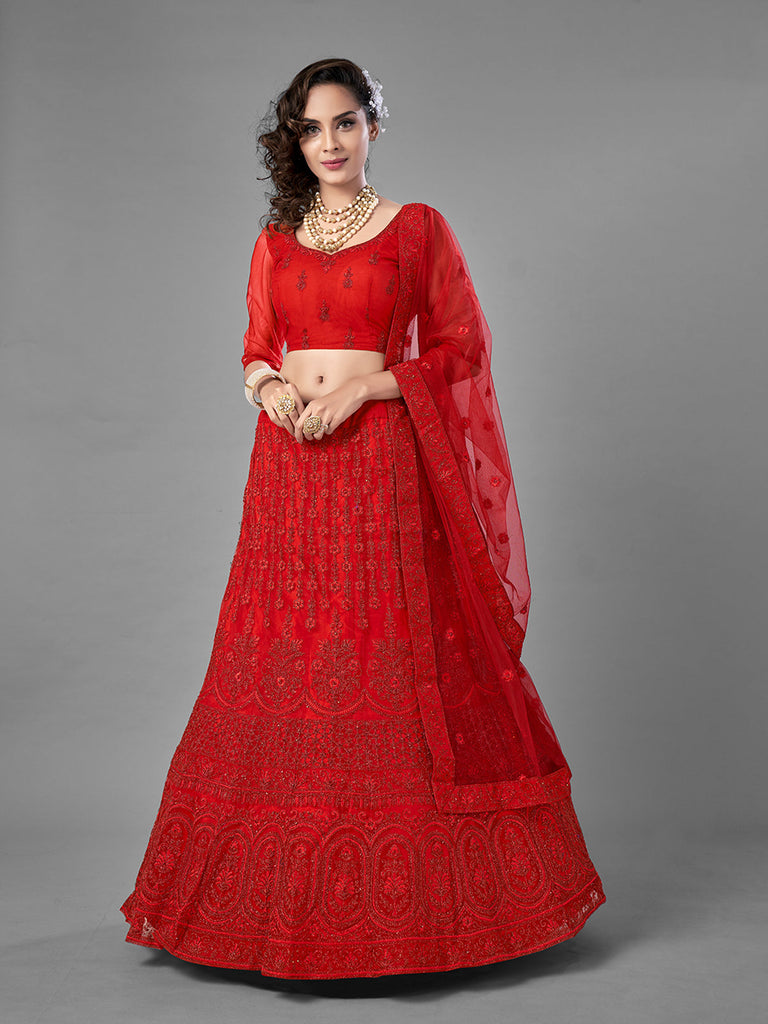 Red Embroidered Soft Net Semi Stitched Lehenga With Unstitched Blouse Clothsvilla