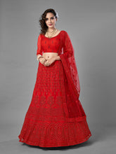 Load image into Gallery viewer, Red Embroidered Soft Net Semi Stitched Lehenga With Unstitched Blouse Clothsvilla