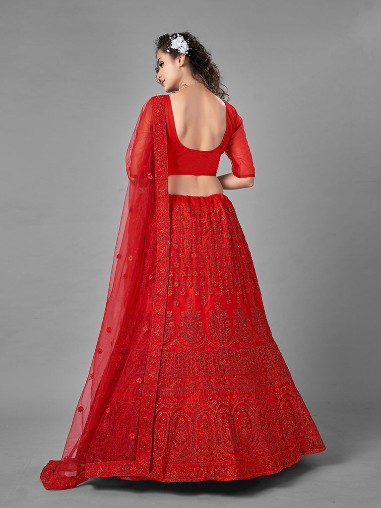 Red Embroidered Soft Net Semi Stitched Lehenga With Unstitched Blouse Clothsvilla