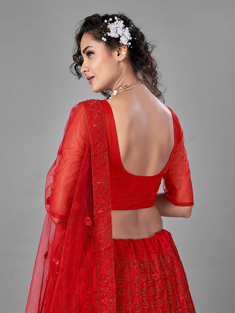 Red Embroidered Soft Net Semi Stitched Lehenga With Unstitched Blouse Clothsvilla