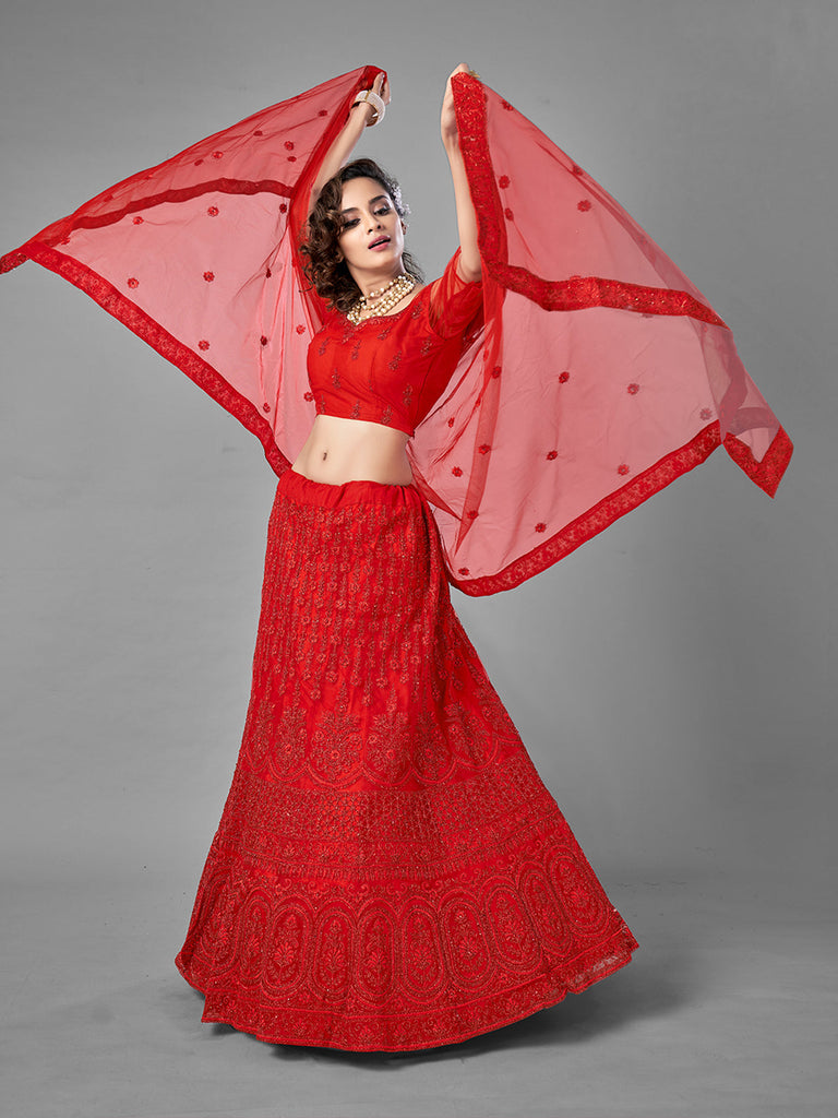 Red Embroidered Soft Net Semi Stitched Lehenga With Unstitched Blouse Clothsvilla