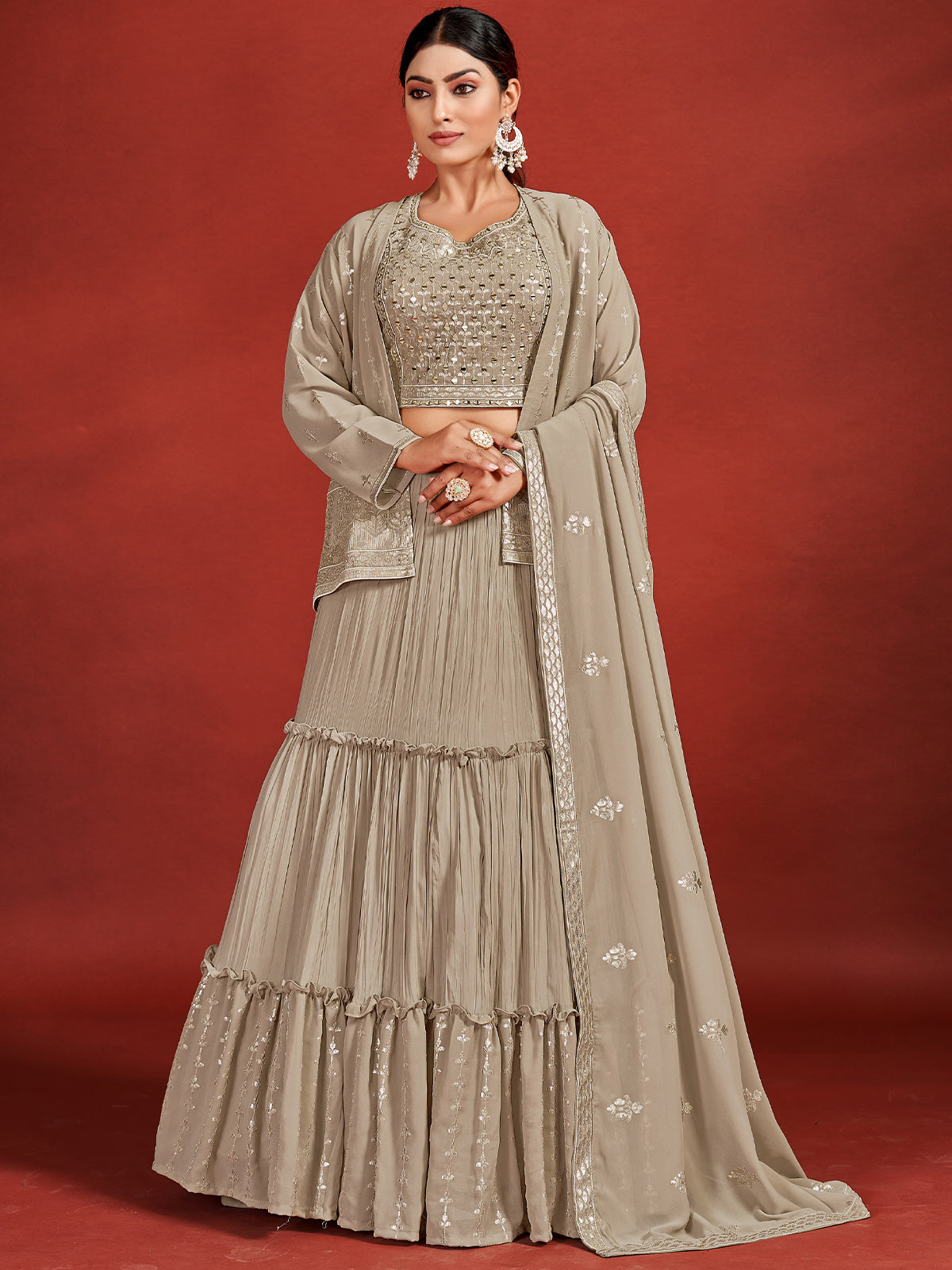 Beautiful Beige Georgette Stitched Lehenga Choli Set Clothsvilla Main image
