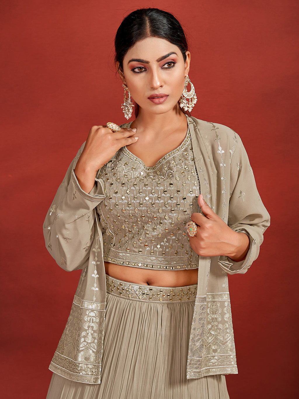 Beautiful Beige Georgette Stitched Lehenga Choli Set Clothsvilla