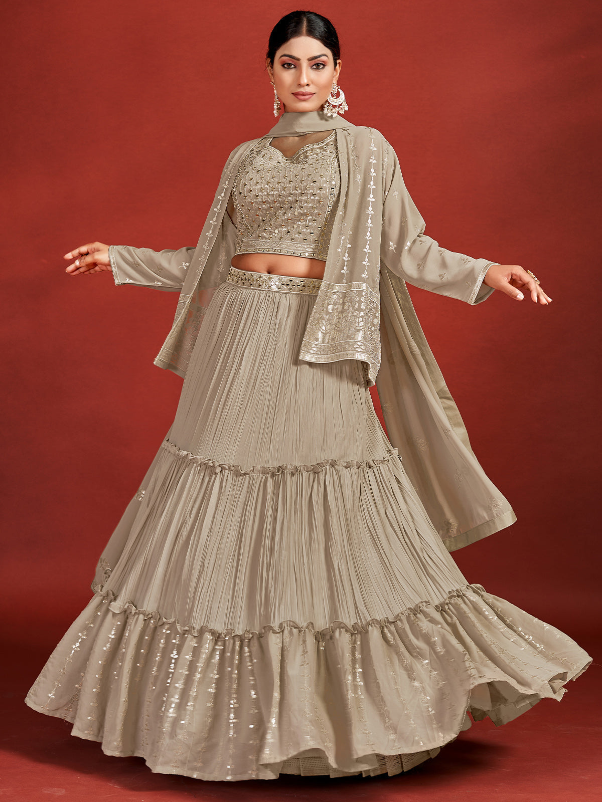 Beautiful Beige Georgette Stitched Lehenga Choli Set Clothsvilla