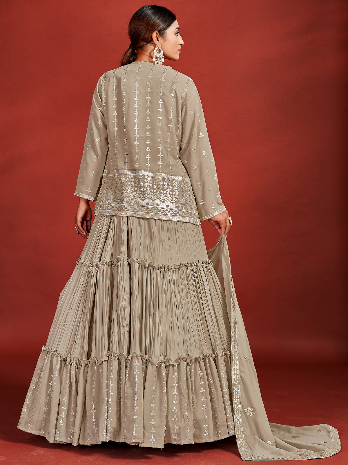 Beautiful Beige Georgette Stitched Lehenga Choli Set Clothsvilla