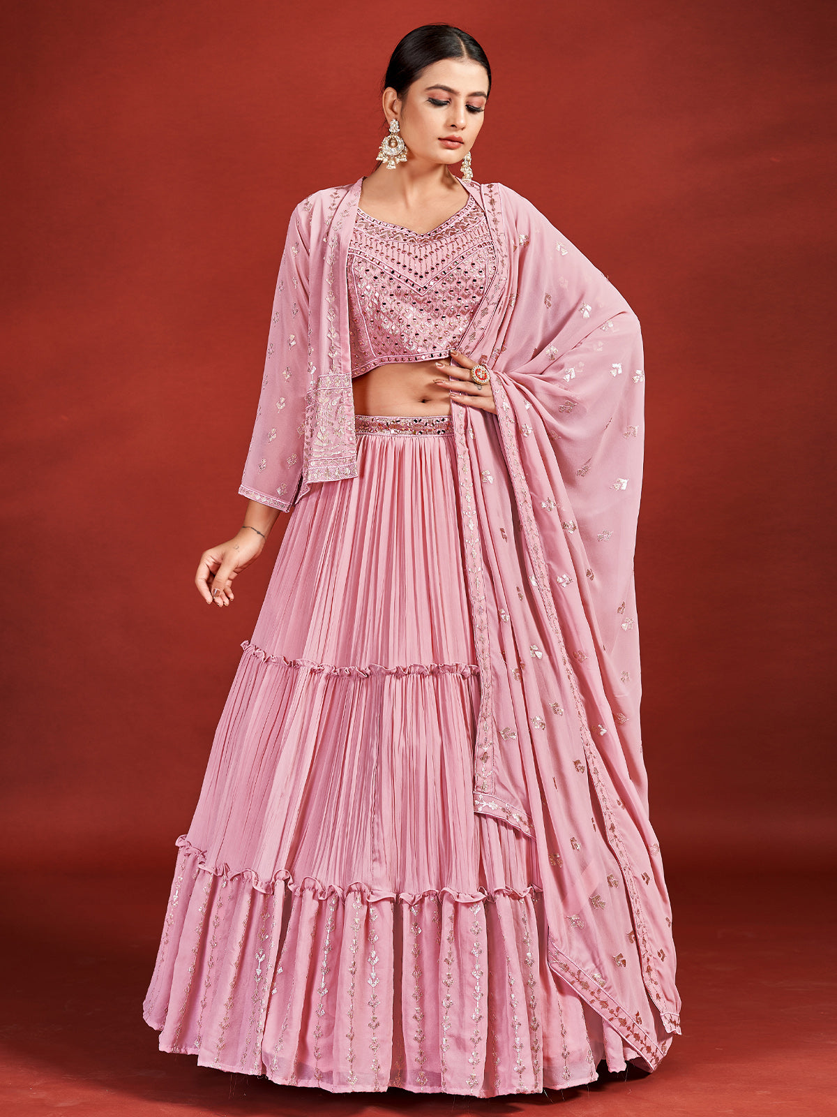 Designer Pink Georgette Stitched Lehenga Choli Set Clothsvilla Main image