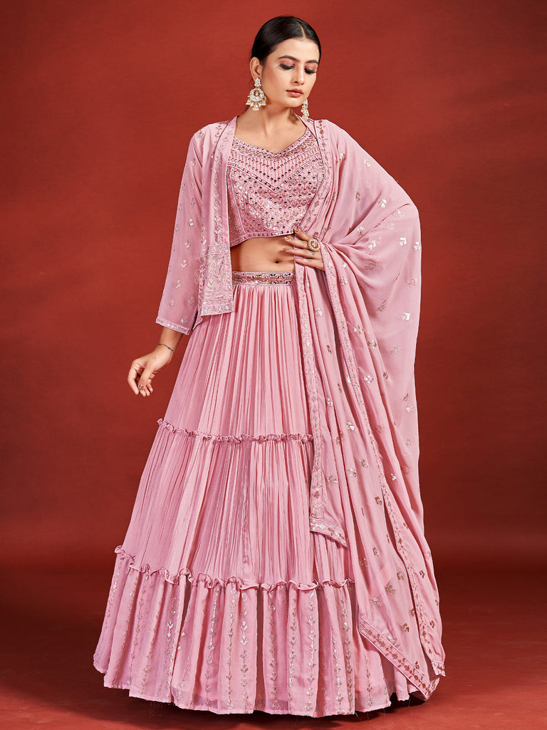 Designer Pink Georgette Stitched Lehenga Choli Set Clothsvilla