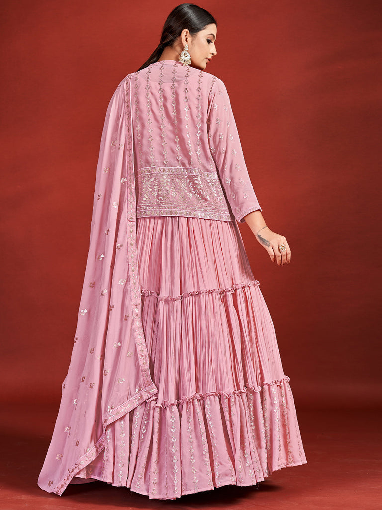 Designer Pink Georgette Stitched Lehenga Choli Set Clothsvilla