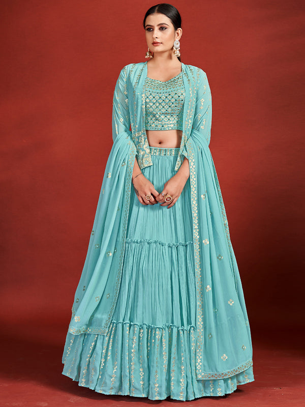 Attractive Blue Georgette Stitched Lehenga Choli Set Clothsvilla