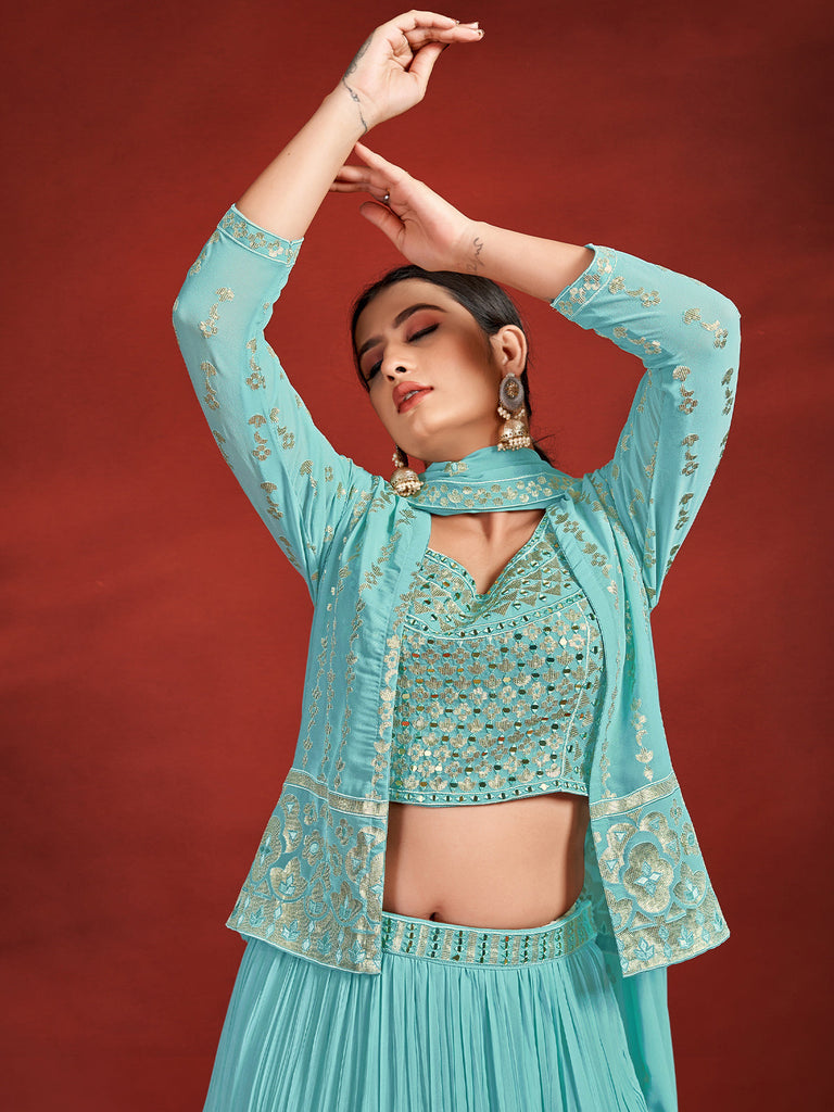 Attractive Blue Georgette Stitched Lehenga Choli Set Clothsvilla