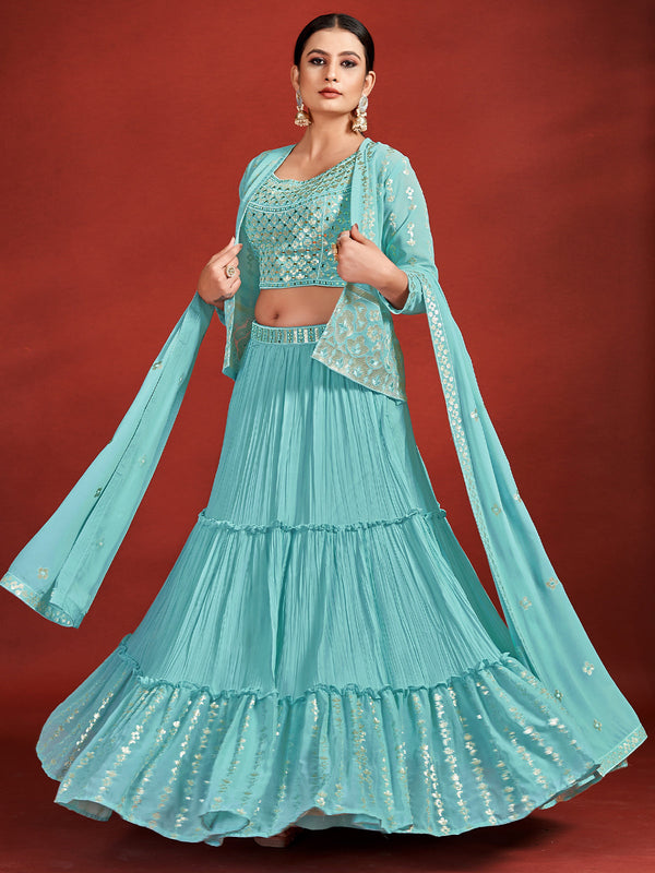Attractive Blue Georgette Stitched Lehenga Choli Set Clothsvilla
