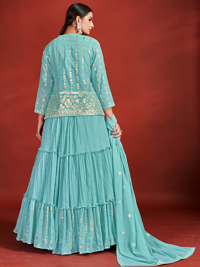 Attractive Blue Georgette Stitched Lehenga Choli Set Clothsvilla