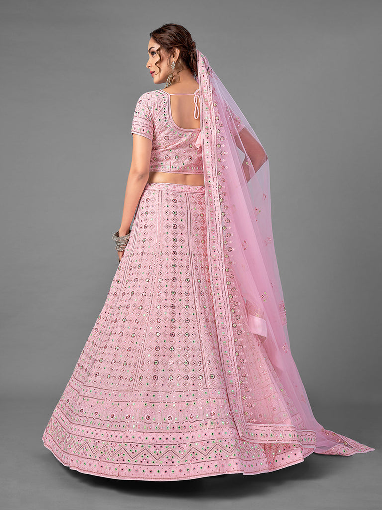 Pink Embroidered Georgette Semi Stitched Lehenga With Unstitched Blouse Clothsvilla