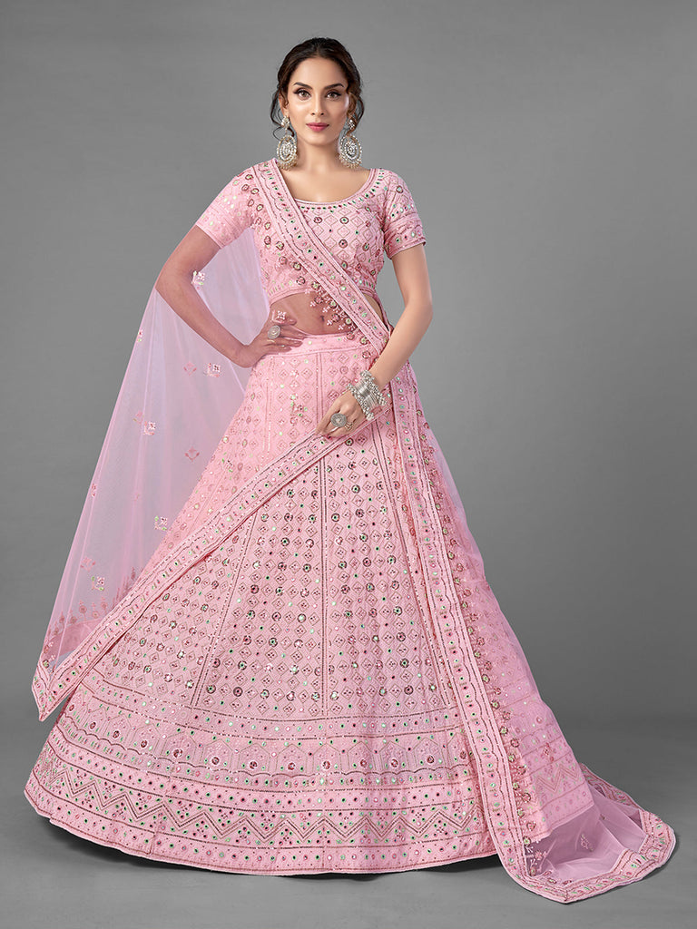 Pink Embroidered Georgette Semi Stitched Lehenga With Unstitched Blouse Clothsvilla