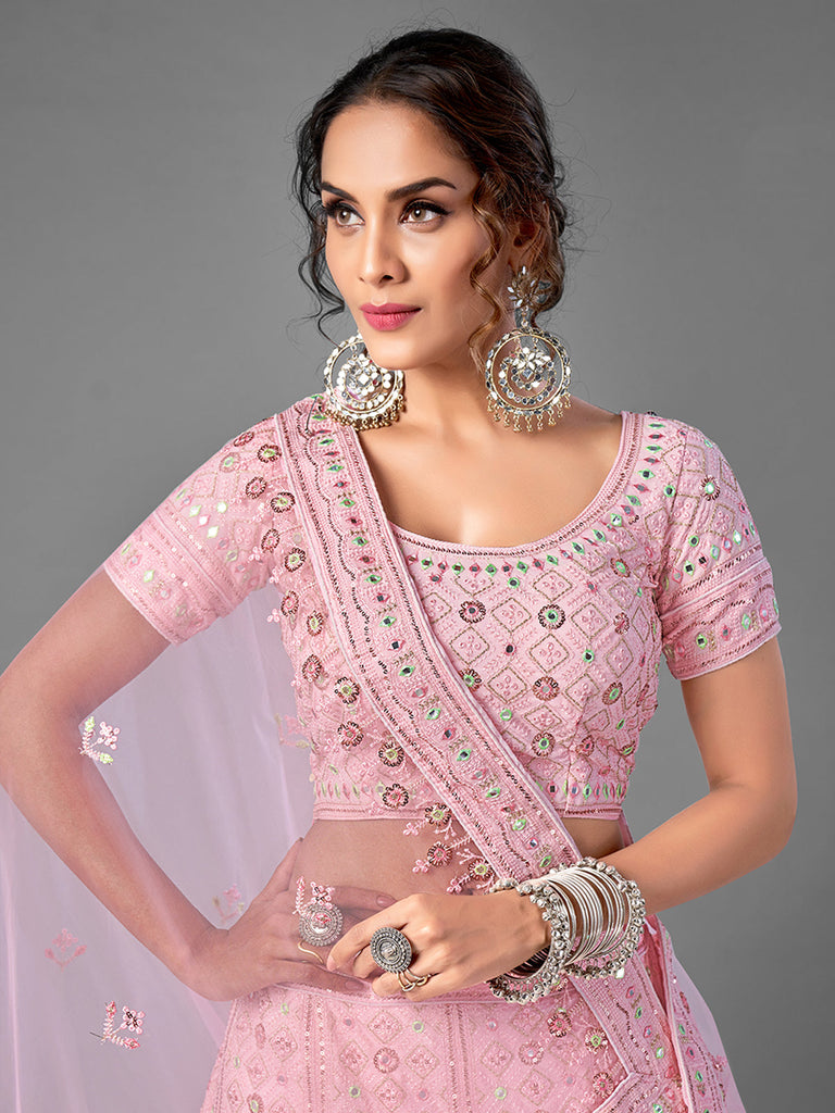 Pink Embroidered Georgette Semi Stitched Lehenga With Unstitched Blouse Clothsvilla