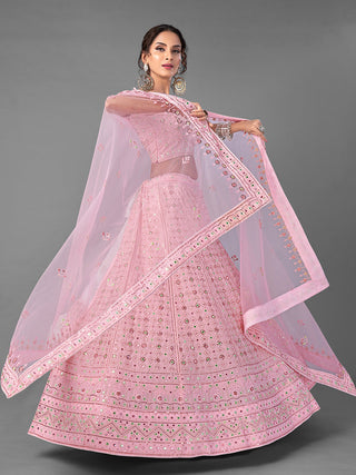 Pink Embroidered Georgette Semi Stitched Lehenga With Unstitched Blouse Clothsvilla
