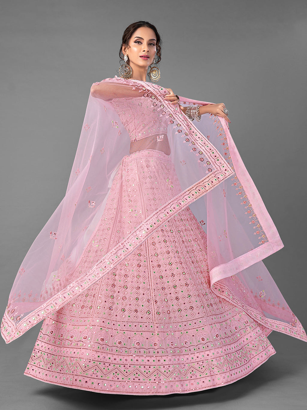 Pink Embroidered Georgette Semi Stitched Lehenga With Unstitched Blouse Clothsvilla