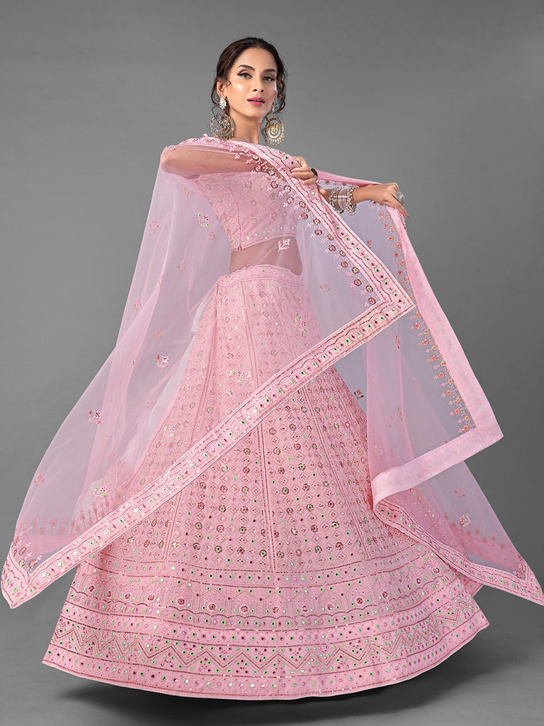 Pink Embroidered Georgette Semi Stitched Lehenga With Unstitched Blouse Clothsvilla