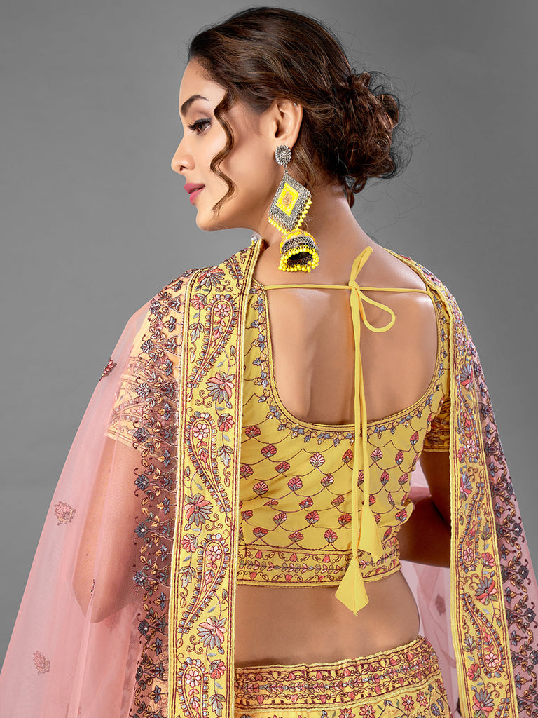 Yellow Thread Work Georgette Semi Stitched Lehenga With Unstitched Blouse Clothsvilla