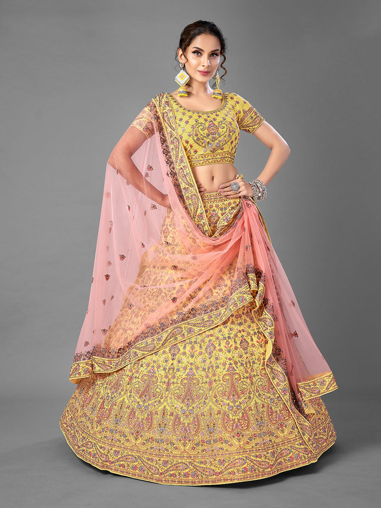 Yellow Thread Work Georgette Semi Stitched Lehenga With Unstitched Blouse Clothsvilla