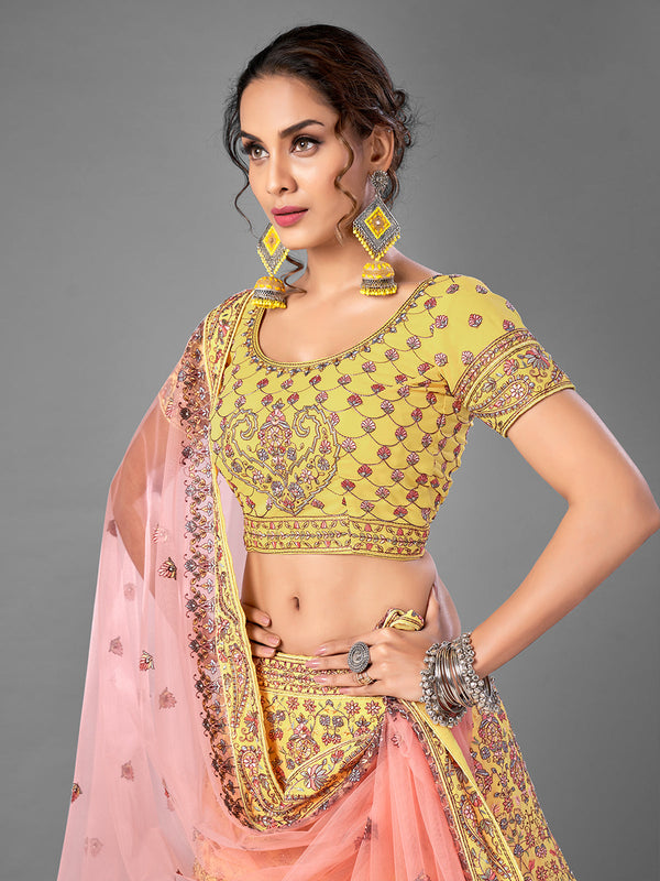 Yellow Thread Work Georgette Semi Stitched Lehenga With Unstitched Blouse Clothsvilla
