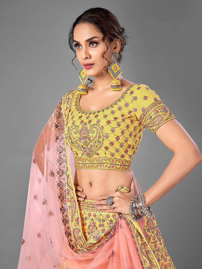 Yellow Lehenga And Choli With Floral Resham, Cutdana Embroidery And Pi –  Akashi designer studio