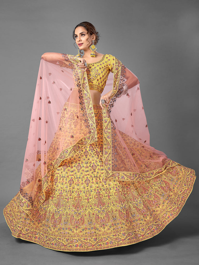 Yellow Thread Work Georgette Semi Stitched Lehenga With Unstitched Blouse Clothsvilla