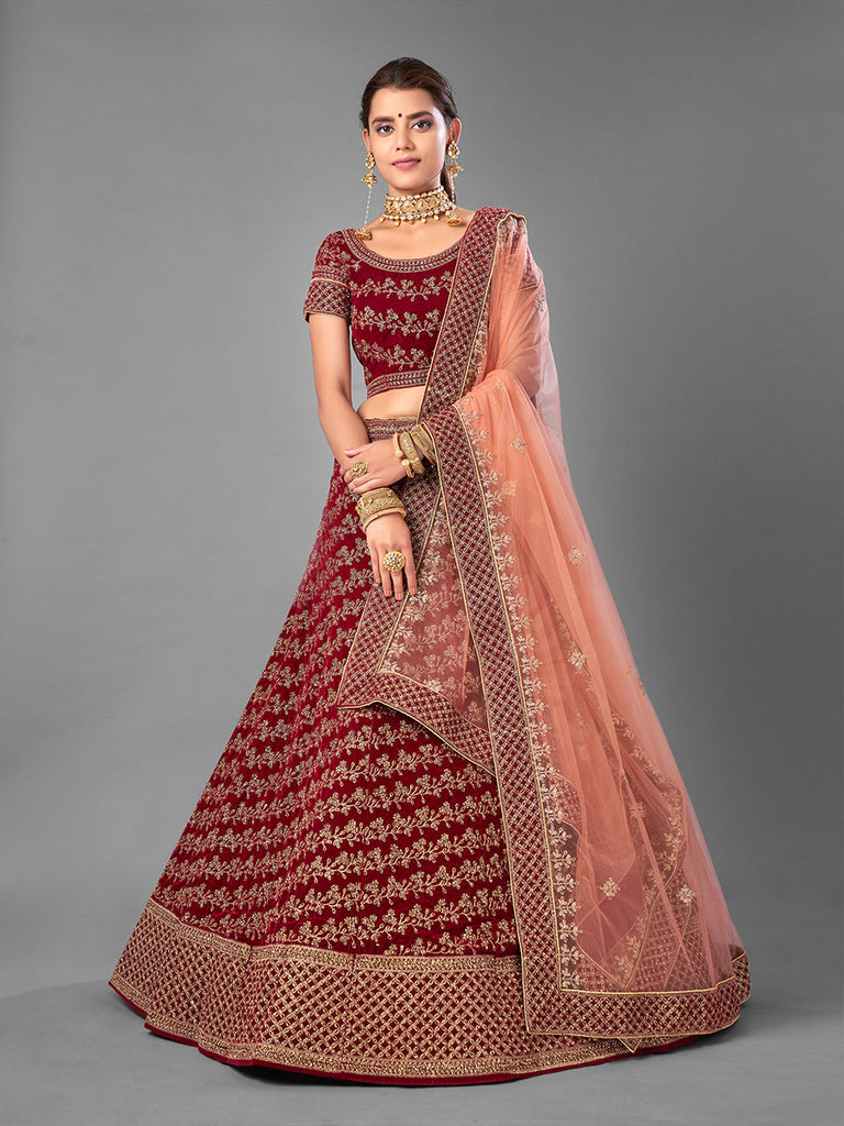 Maroon Embroidered Velvet Semi Stitched Lehenga With Unstitched Blouse Clothsvilla