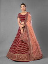 Load image into Gallery viewer, Maroon Embroidered Velvet Semi Stitched Lehenga With Unstitched Blouse Clothsvilla