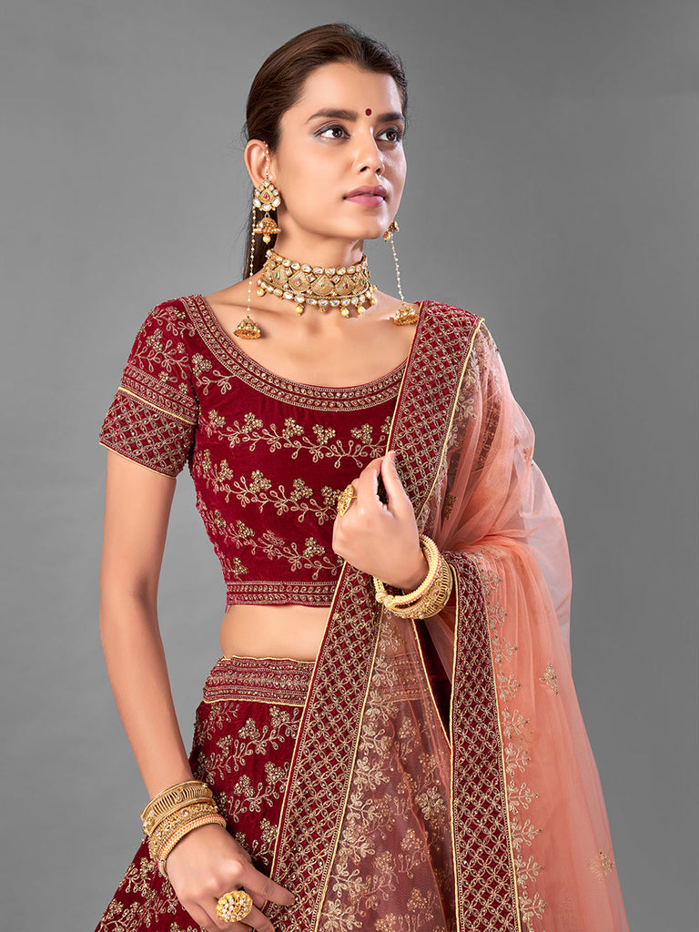 Maroon Embroidered Velvet Semi Stitched Lehenga With Unstitched Blouse Clothsvilla