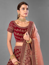 Load image into Gallery viewer, Maroon Embroidered Velvet Semi Stitched Lehenga With Unstitched Blouse Clothsvilla