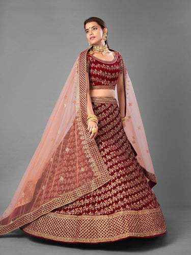 Maroon Embroidered Velvet Semi Stitched Lehenga With Unstitched Blouse Clothsvilla