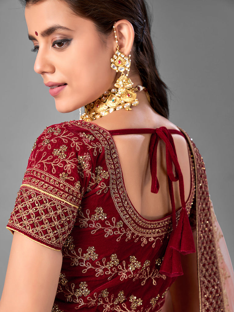 Maroon Embroidered Velvet Semi Stitched Lehenga With Unstitched Blouse Clothsvilla