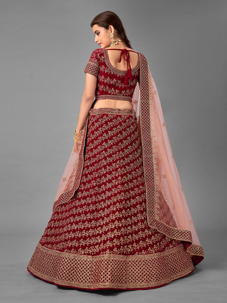 Maroon Embroidered Velvet Semi Stitched Lehenga With Unstitched Blouse Clothsvilla