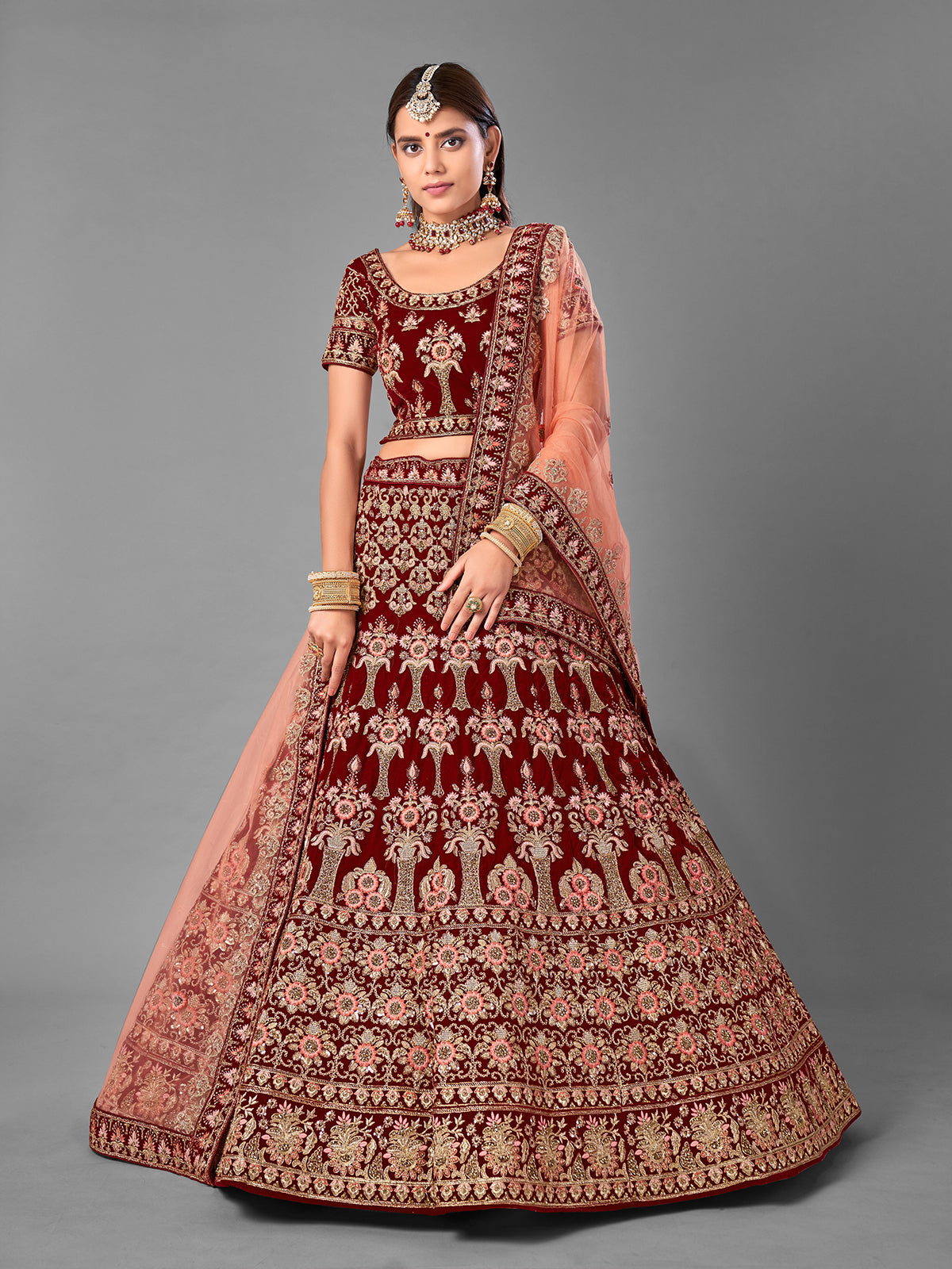 Maroon Embroidered Velvet Semi Stitched Lehenga With Unstitched Blouse Clothsvilla
