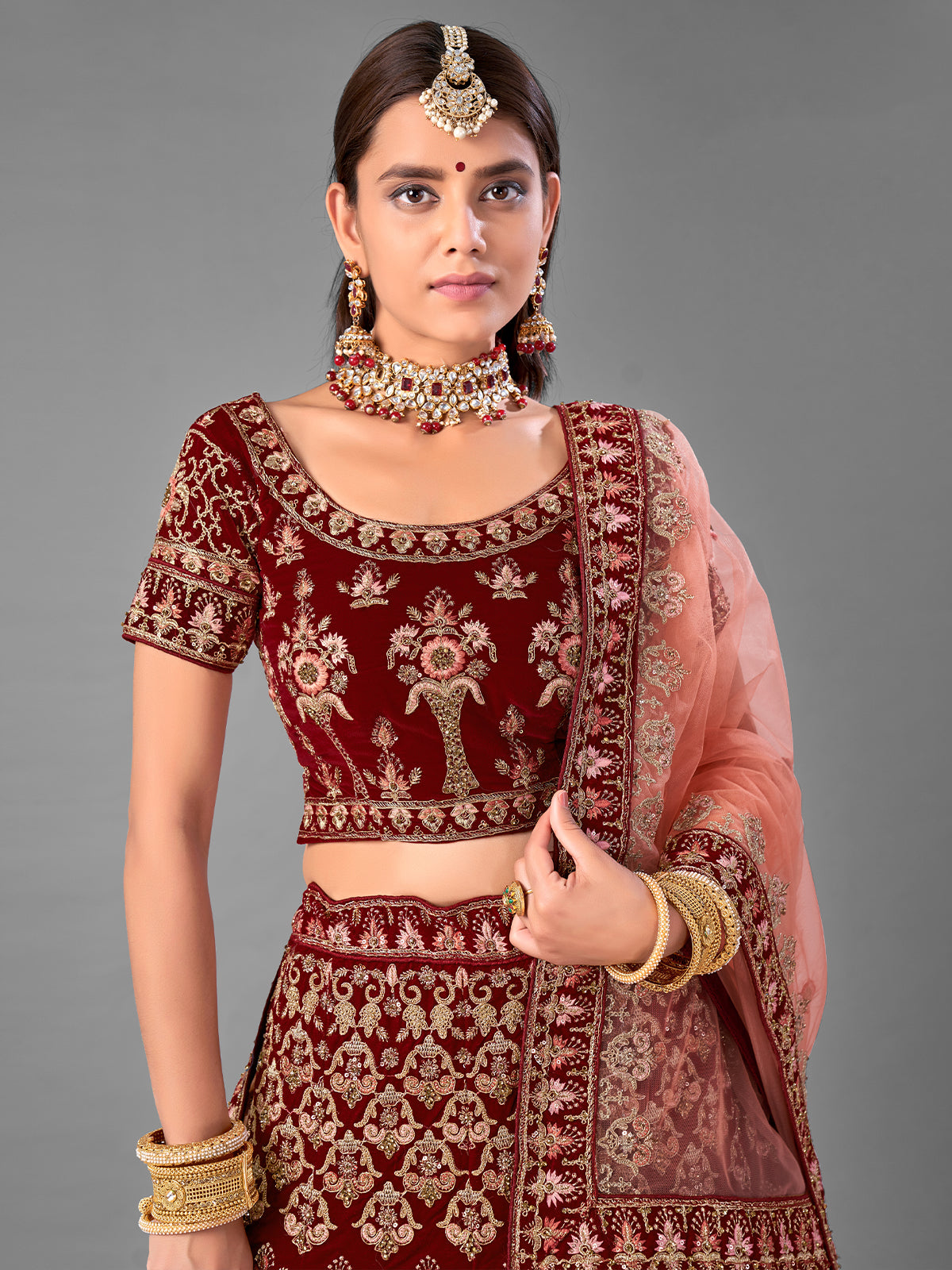 Maroon Embroidered Velvet Semi Stitched Lehenga With Unstitched Blouse Clothsvilla