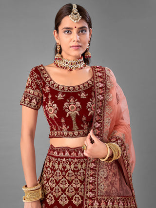 Maroon Embroidered Velvet Semi Stitched Lehenga With Unstitched Blouse Clothsvilla