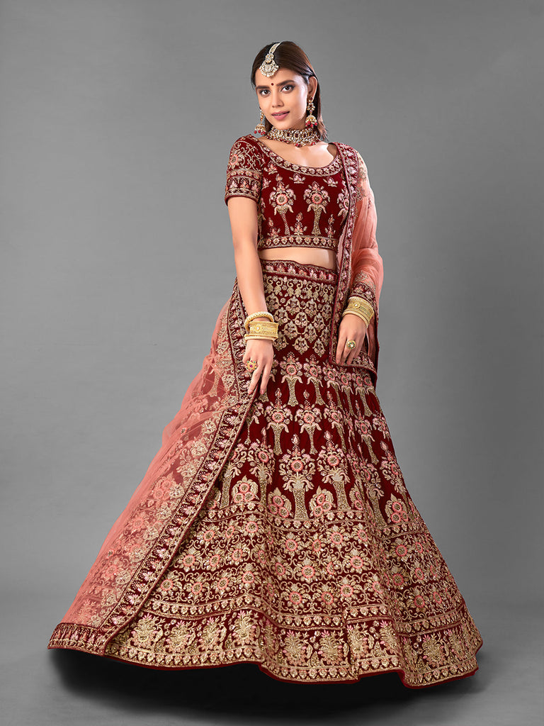 Maroon Embroidered Velvet Semi Stitched Lehenga With Unstitched Blouse Clothsvilla