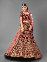 Load image into Gallery viewer, Maroon Embroidered Velvet Semi Stitched Lehenga With Unstitched Blouse Clothsvilla