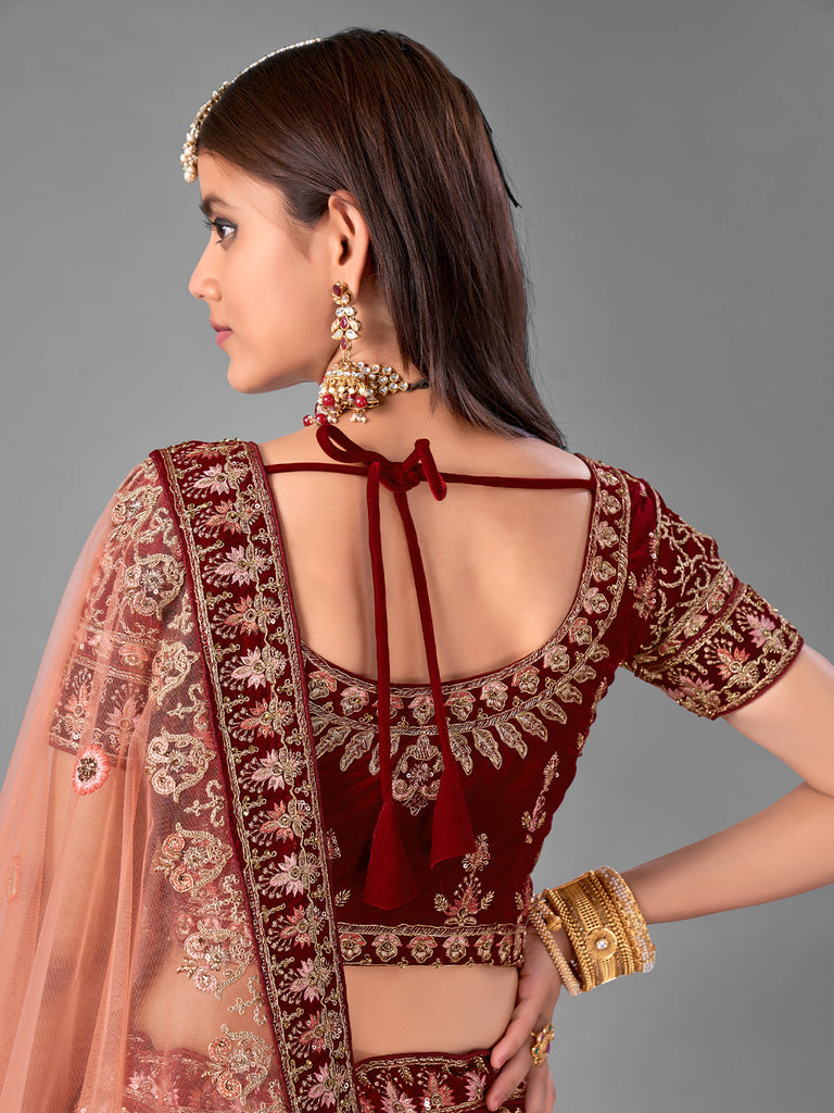 Maroon Embroidered Velvet Semi Stitched Lehenga With Unstitched Blouse Clothsvilla