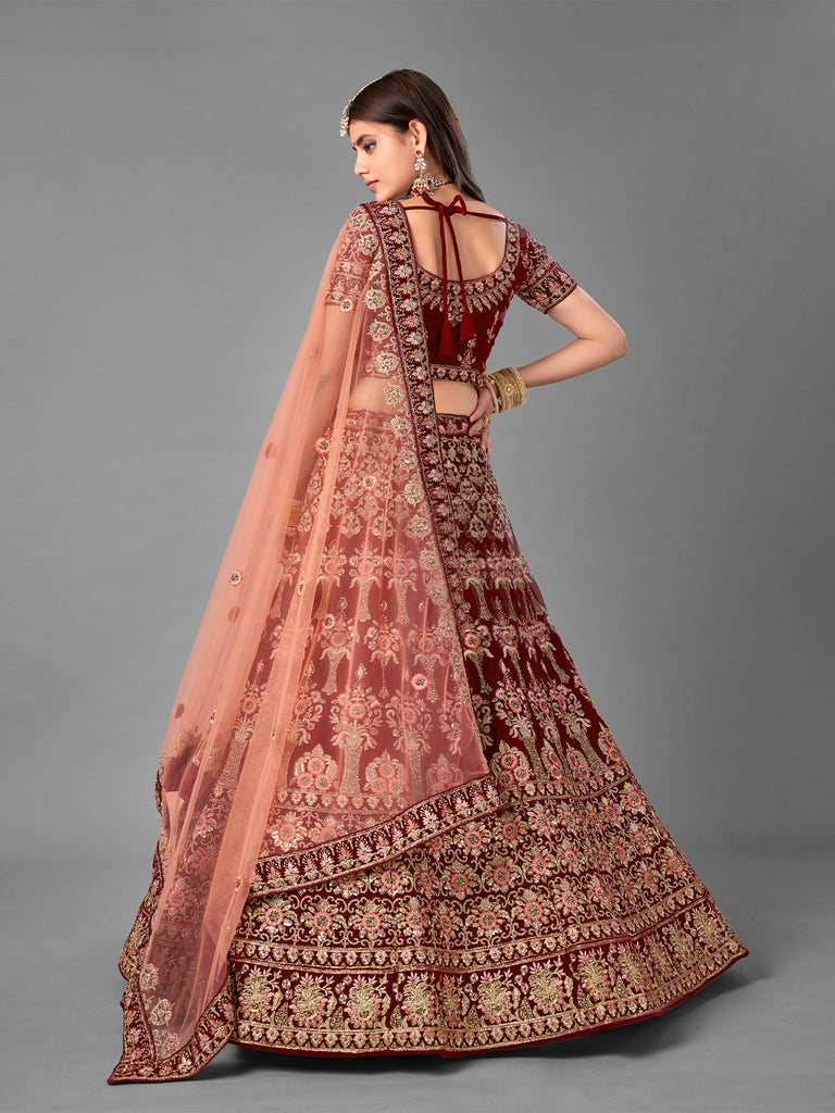 Maroon Embroidered Velvet Semi Stitched Lehenga With Unstitched Blouse Clothsvilla