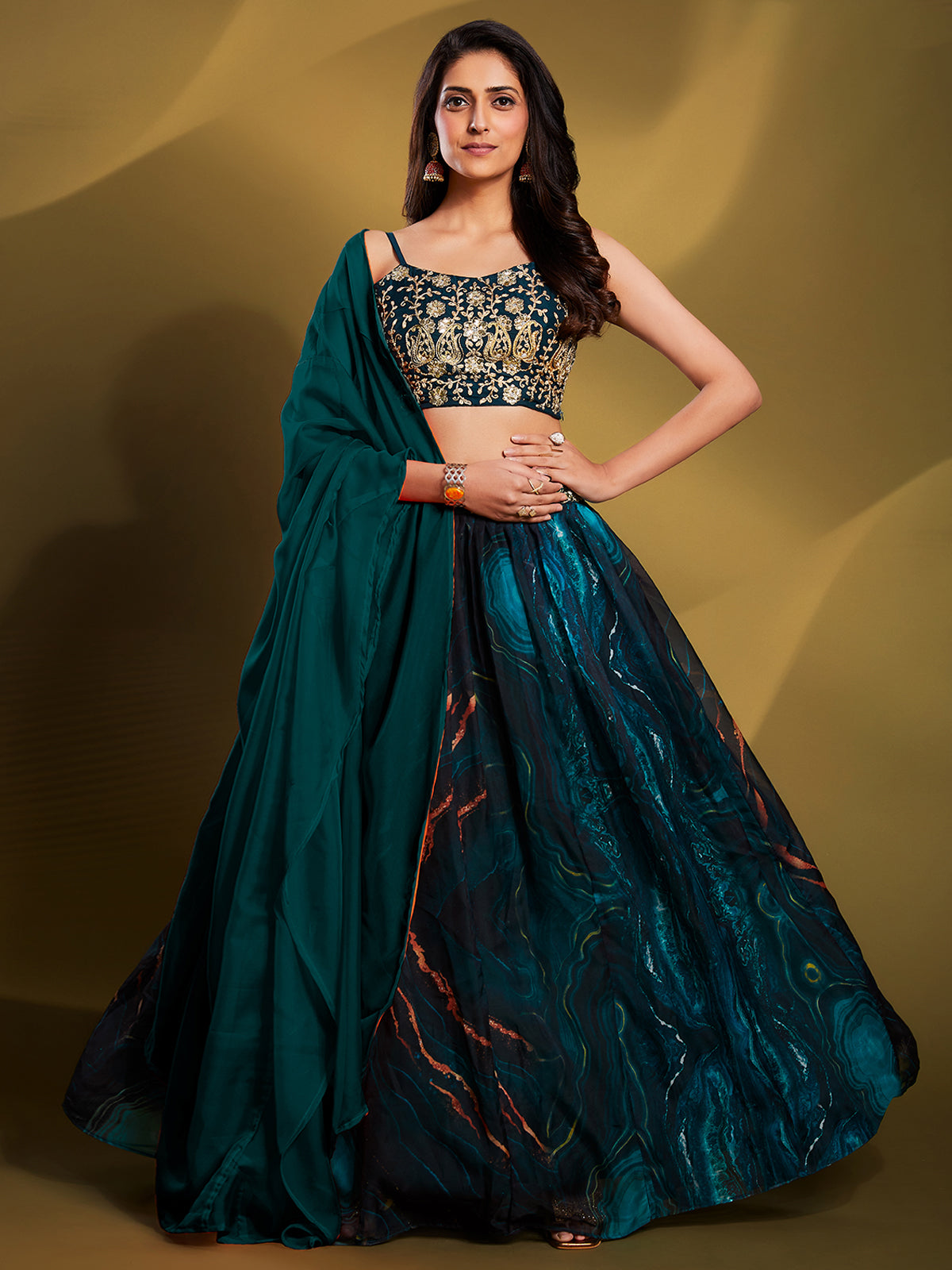 Teal Organza Printed Semi Stitched Lehenga Choli Clothsvilla