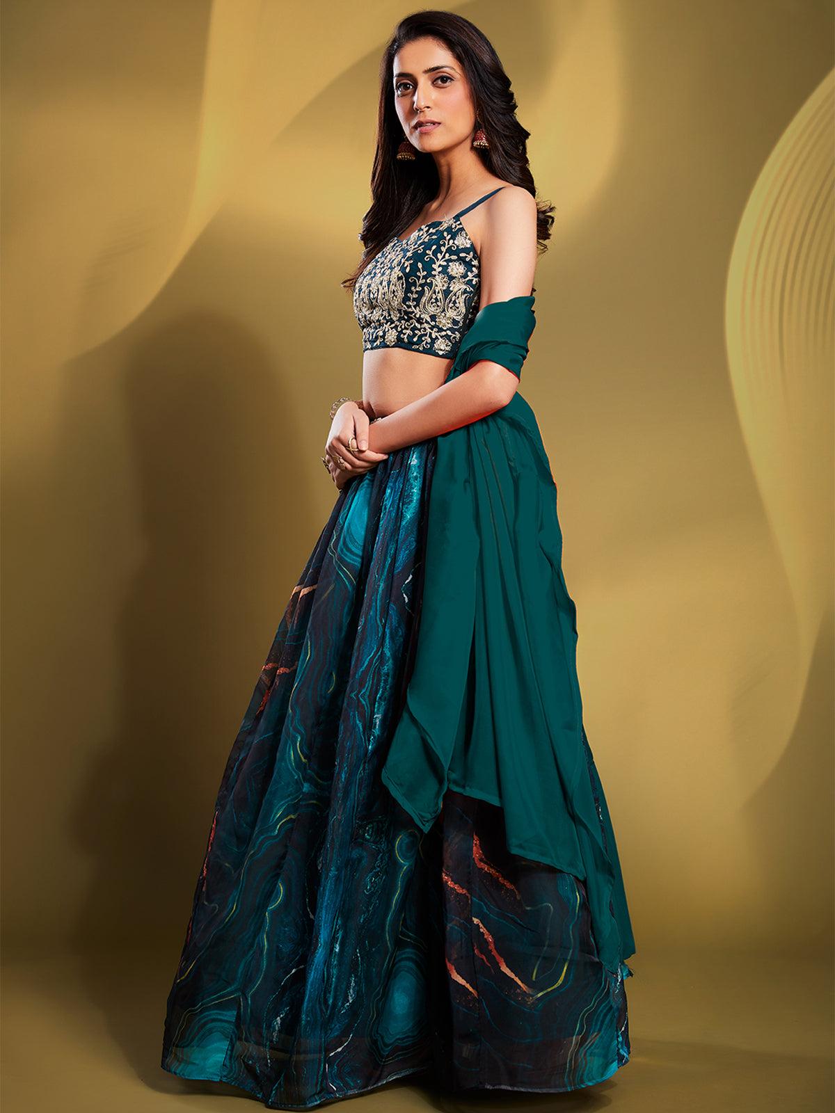 Teal Organza Printed Semi Stitched Lehenga Choli Clothsvilla
