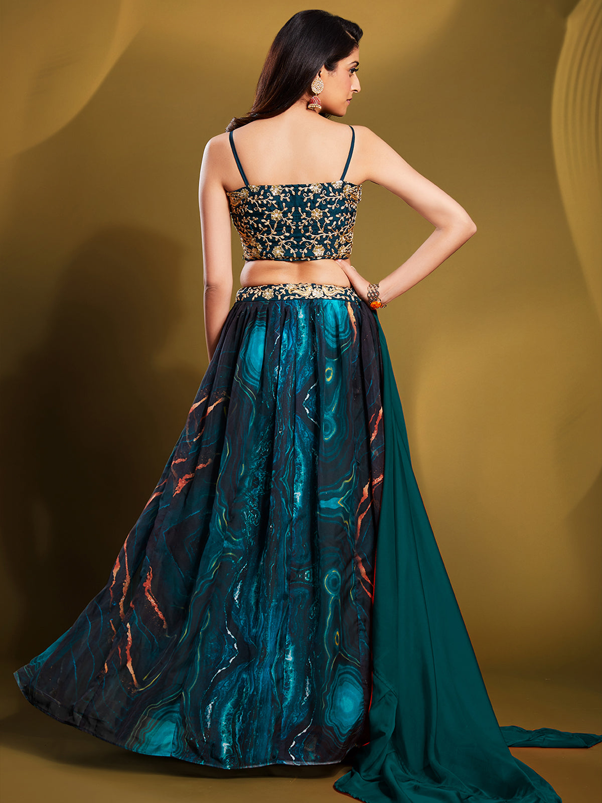 Teal Organza Printed Semi Stitched Lehenga Choli Clothsvilla