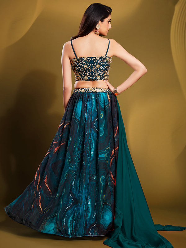 Teal Organza Printed Semi Stitched Lehenga Choli Clothsvilla